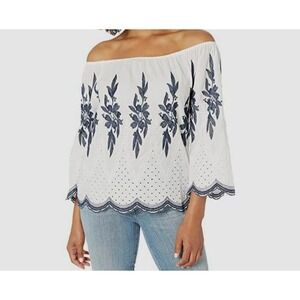 Tribal Jeans White/Blue On/Off Shoulder Embroidered Blouse, Womens XL